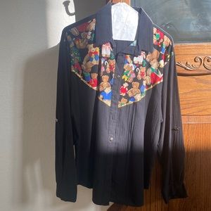 Retro Vintage Christmas Teddy Bear‎ Button Up Blouse Tapestry